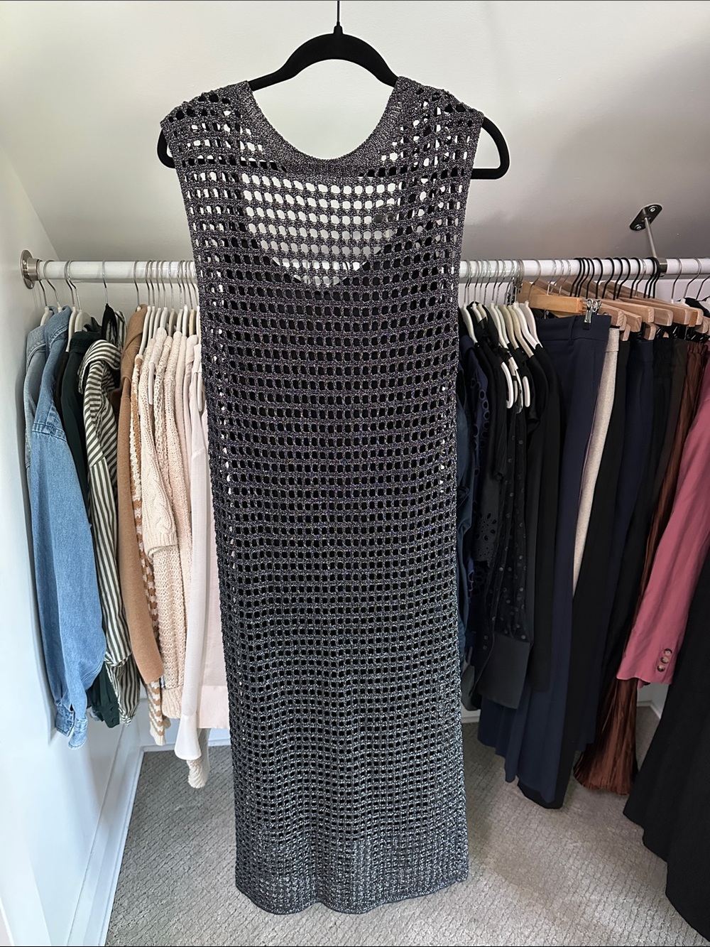 Zara Sleeveless Open-Knit Midi Dress in Dark Gray